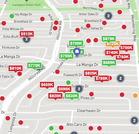 Map showing comparable property sales around a subject property